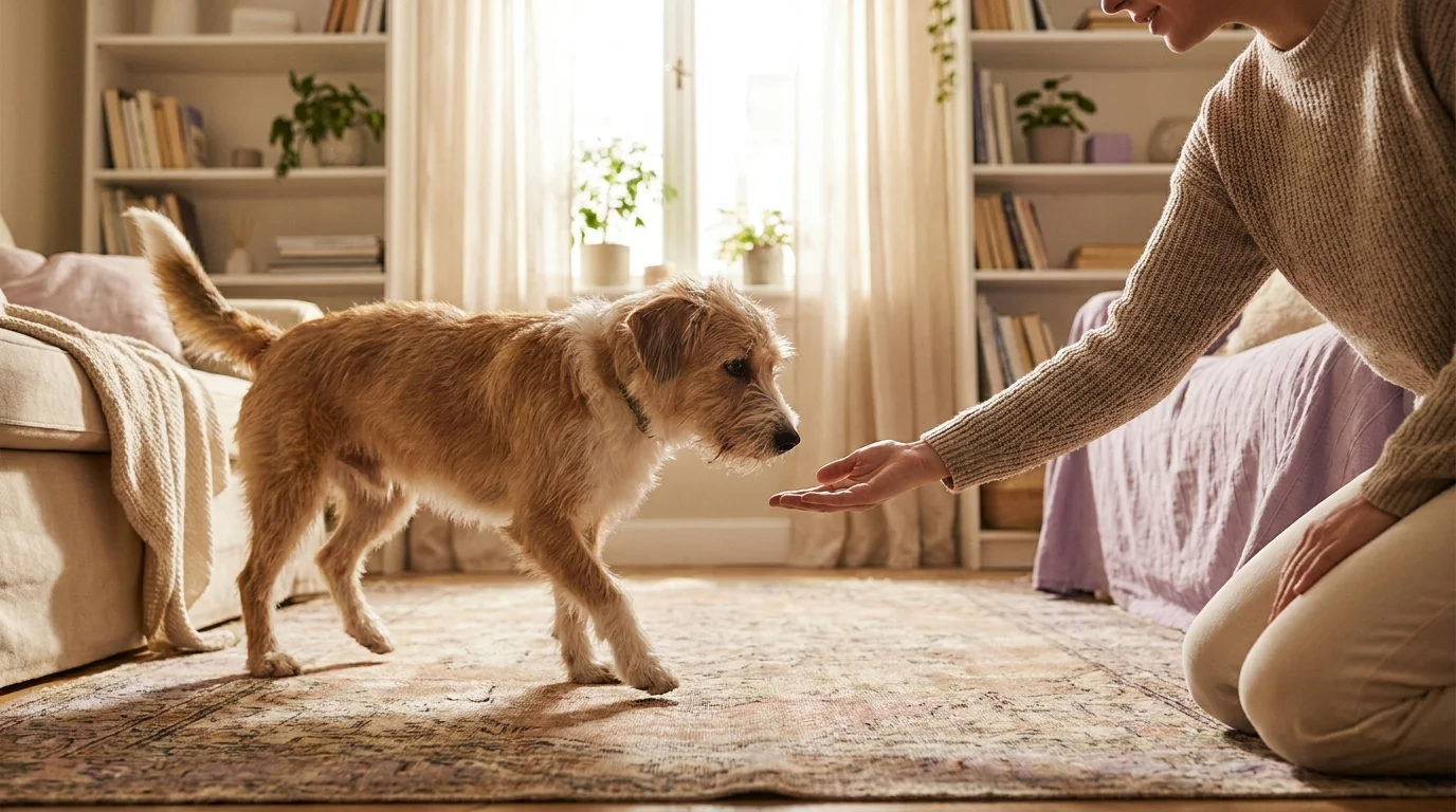 Person on a sunlit living-room floor offering a hand as a relaxed mixed-breed rescue dog approaches at its own pace