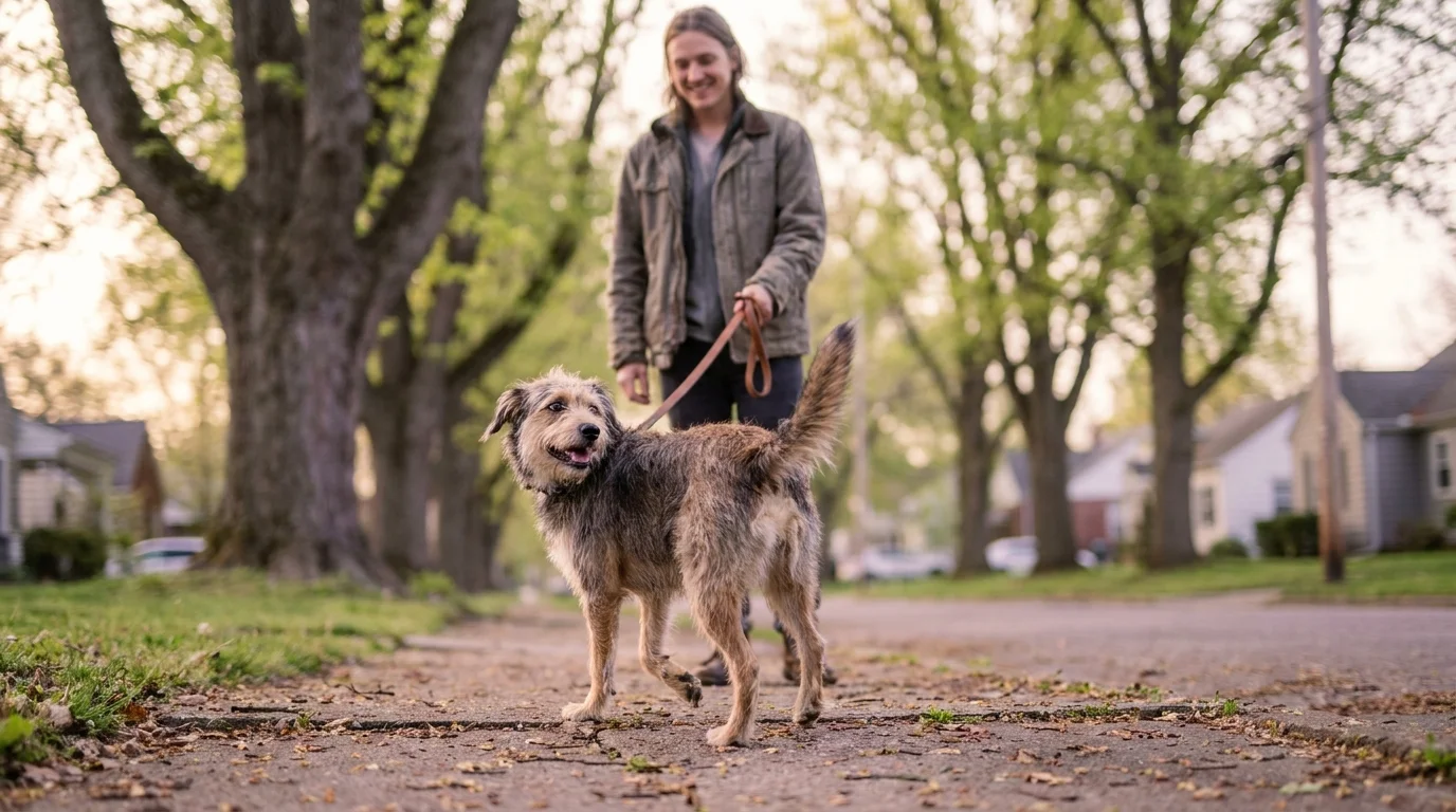 A leafy morning dog walk, one of the simplest benefits of having a pet, with the dog trotting ahead of its owner