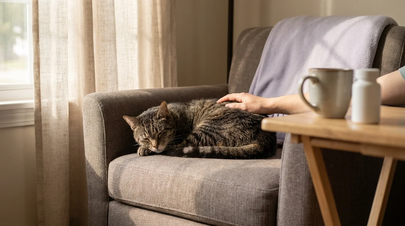 Senior tabby cat curled on a warm armchair with a Bexacat prescription bottle on the side table in soft window light