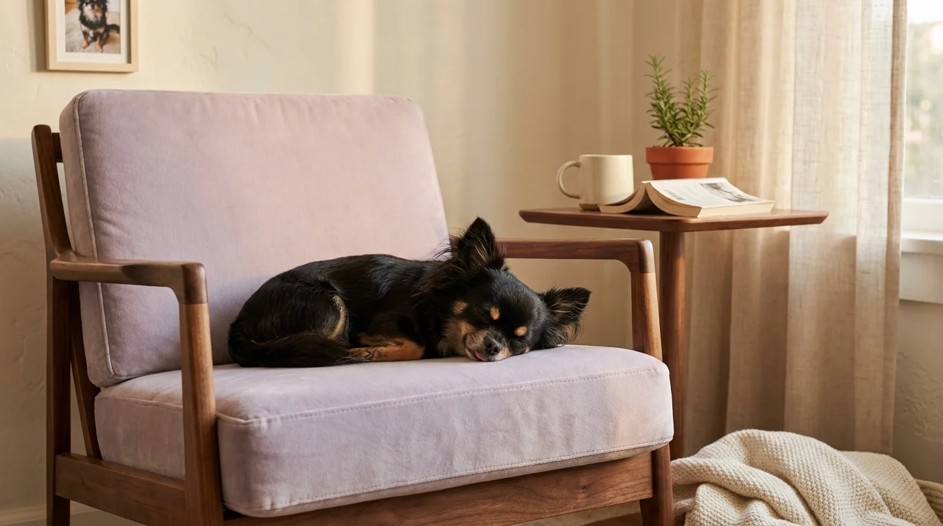 Small black long-haired chihuahua asleep on a lavender chair after a pet microchipping reunion in afternoon light