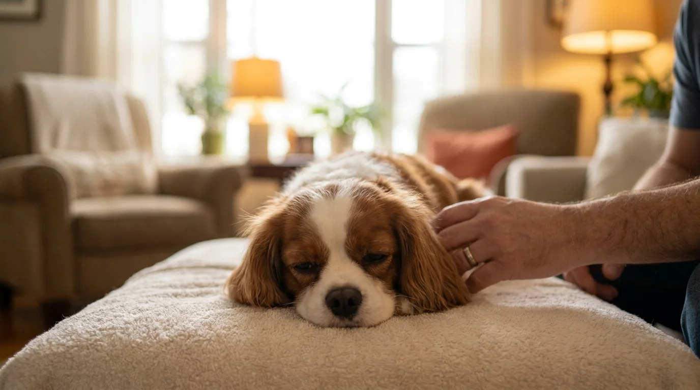 Calm Cavalier spaniel resting at ease after a gentle, low-stress groom, an owner's reassuring hand on its shoulder
