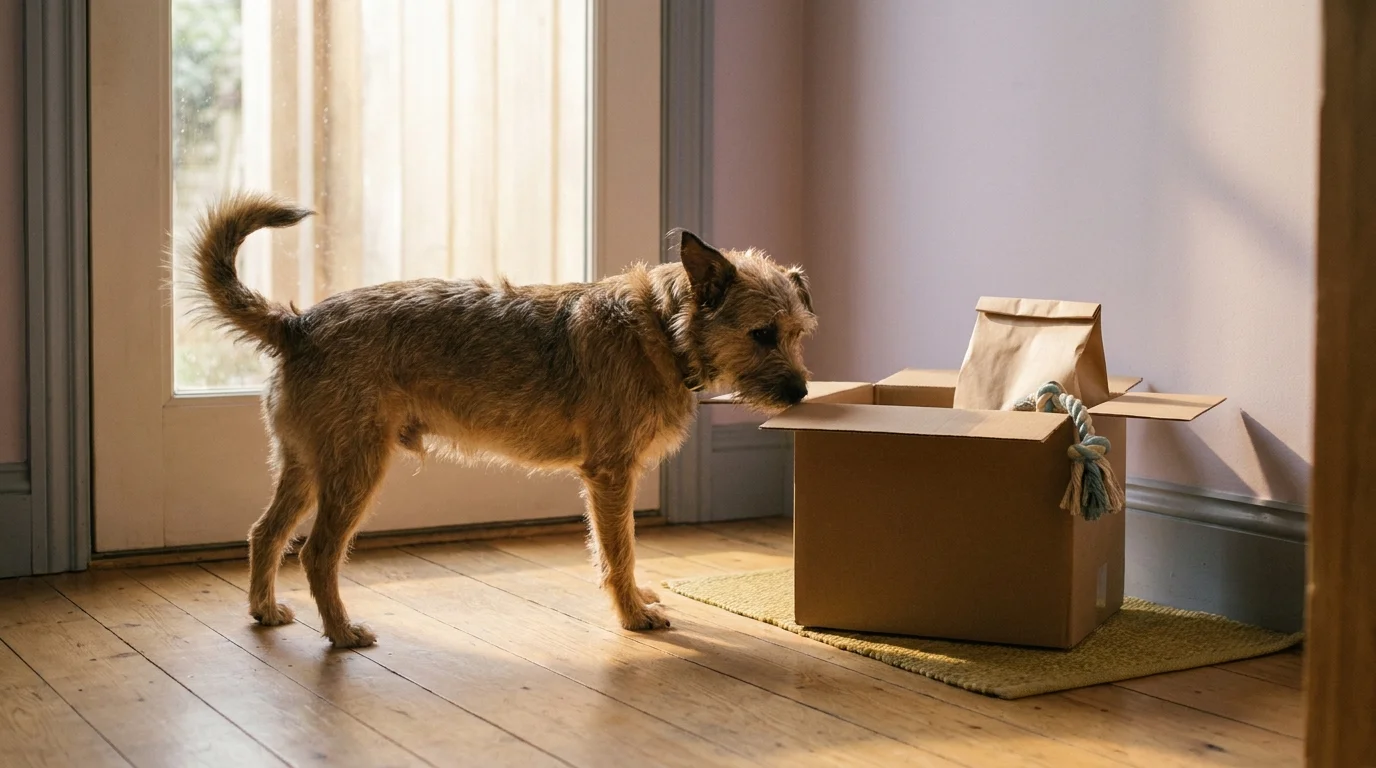 A mixed-breed dog sniffing the cardboard box left over from buying pet supplies online — kibble bag and toy visible
