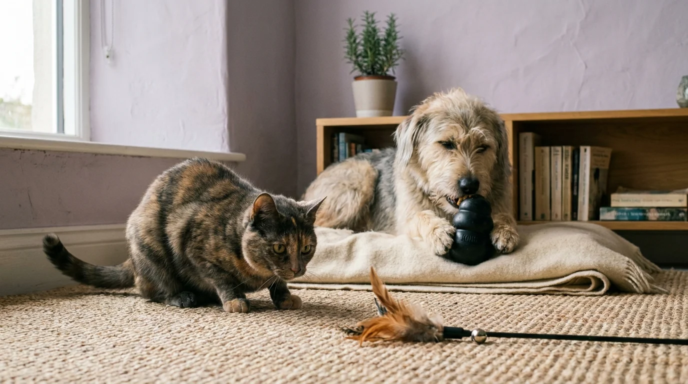 Mental stimulation for dogs and cats in one sunlit room: a Labrador works a Kong while a tortoiseshell cat stalks a wand toy
