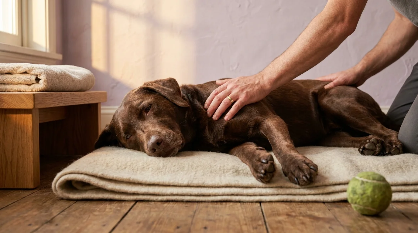 Chocolate Labrador mix relaxed on a wool blanket while owner's hands work a long dog massage stroke along her shoulder