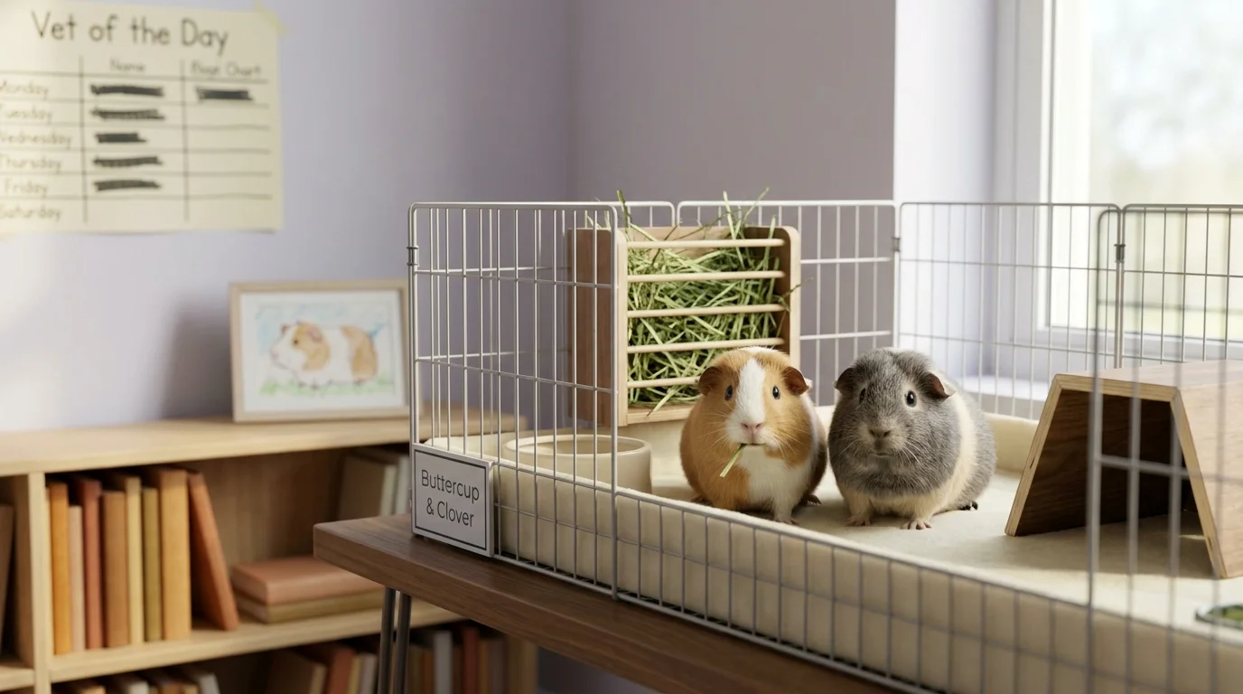 Pair of guinea pigs in a classroom-pets enclosure on a teacher's table, hay rack and water bottle visible, soft natural light