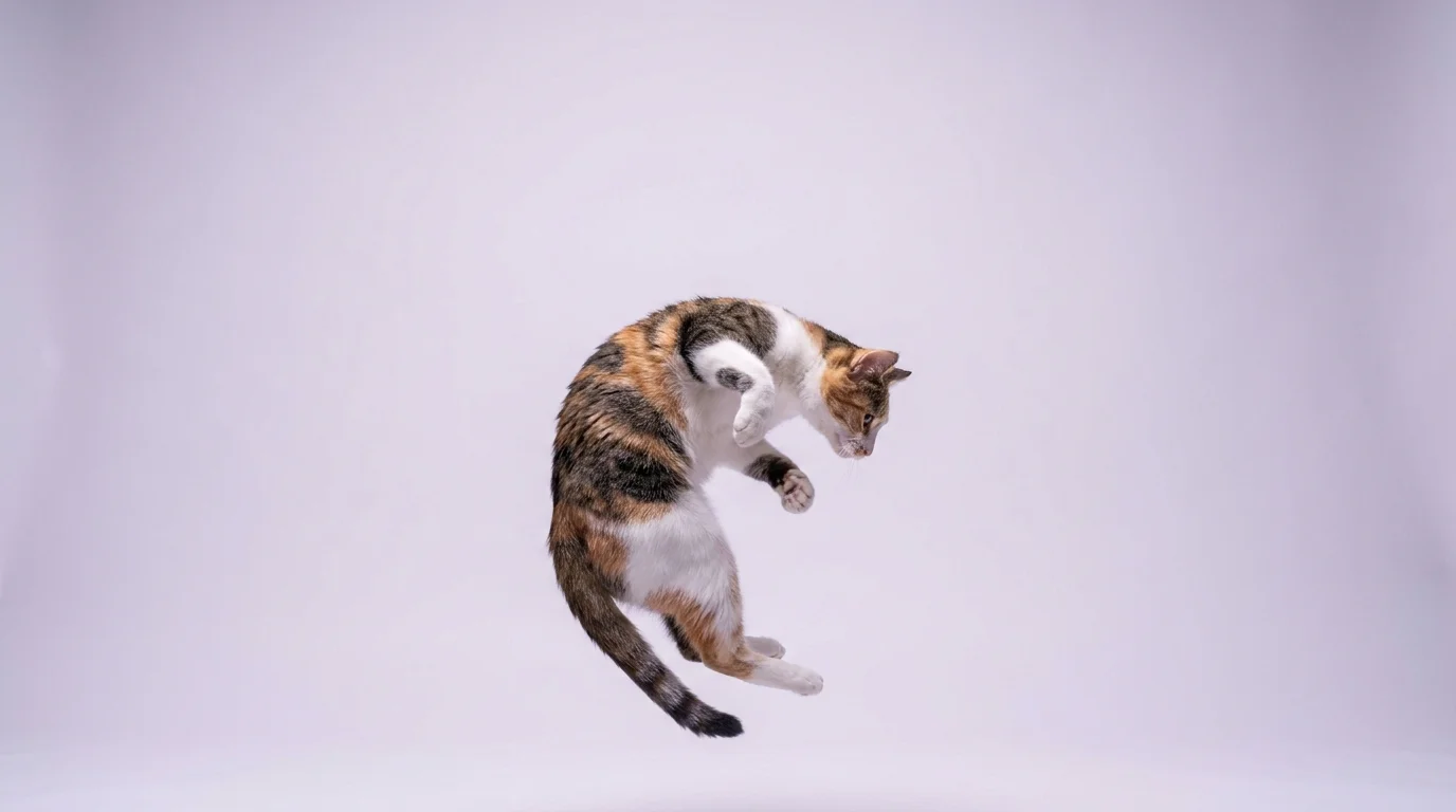 Agile cat captured mid-leap twisting in the air, showing how cats land on their feet