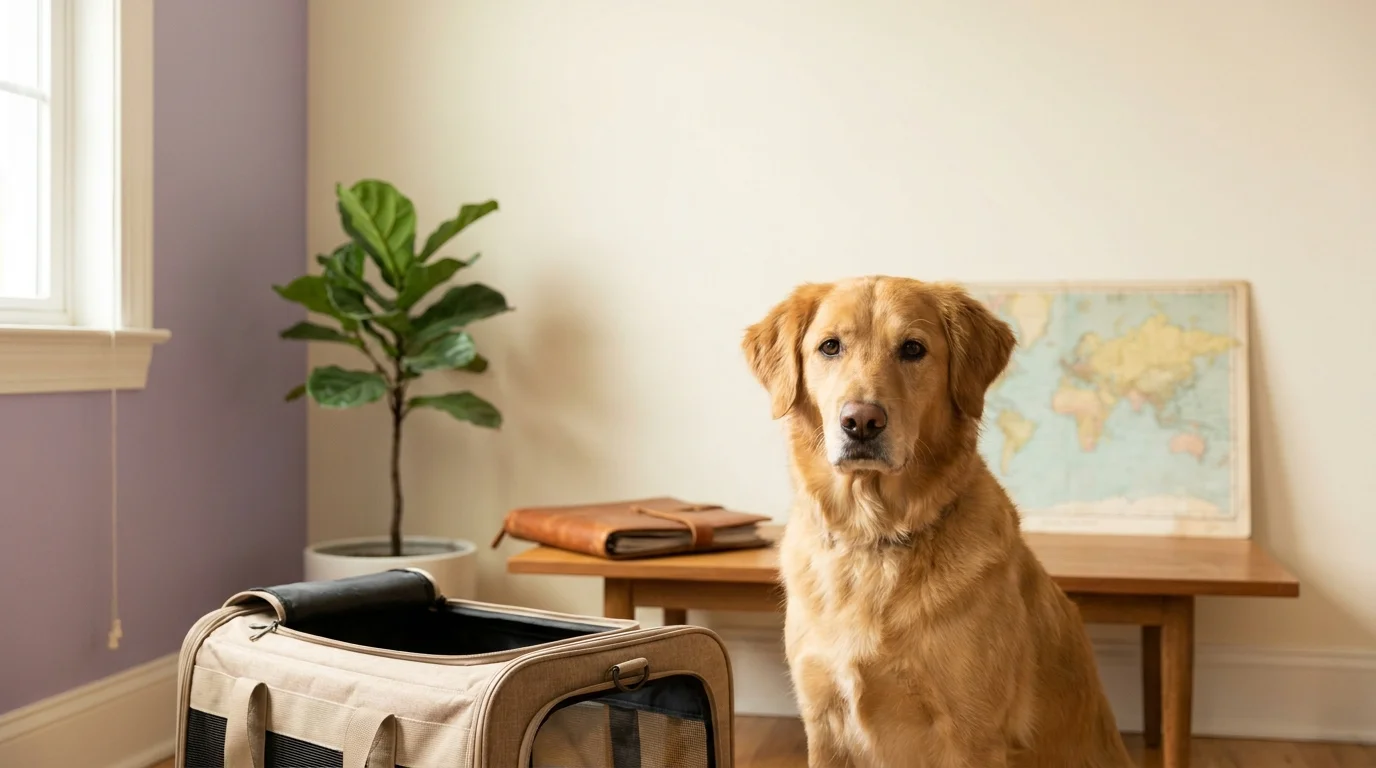 Calm dog sitting beside an open pet travel carrier and a world map by a sunlit window, ready to relocate
