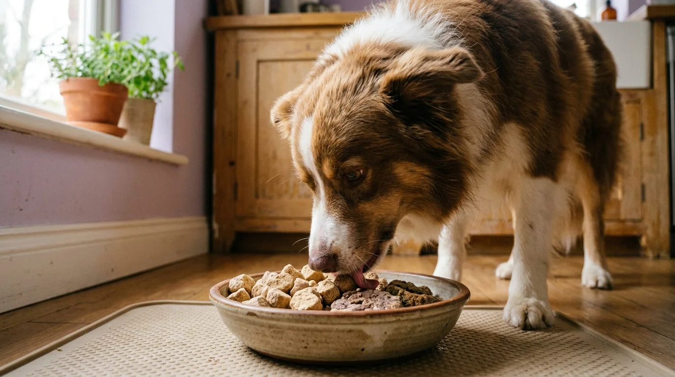 A healthy medium-sized dog eating freeze-dried raw dog food nuggets from a ceramic bowl on a kitchen floor