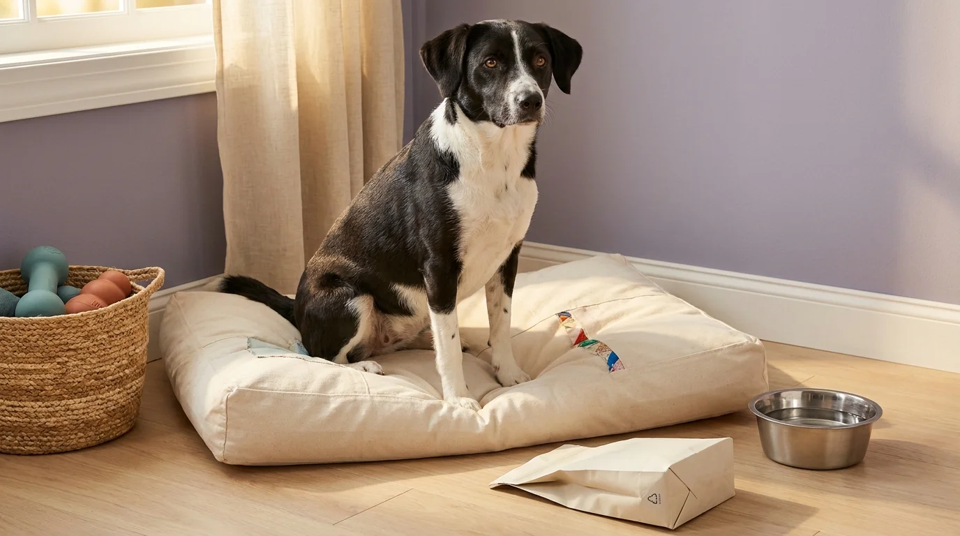 Mixed-breed dog on a canvas bed beside a steel bowl and mono-material kibble bag — eco-friendly pet products