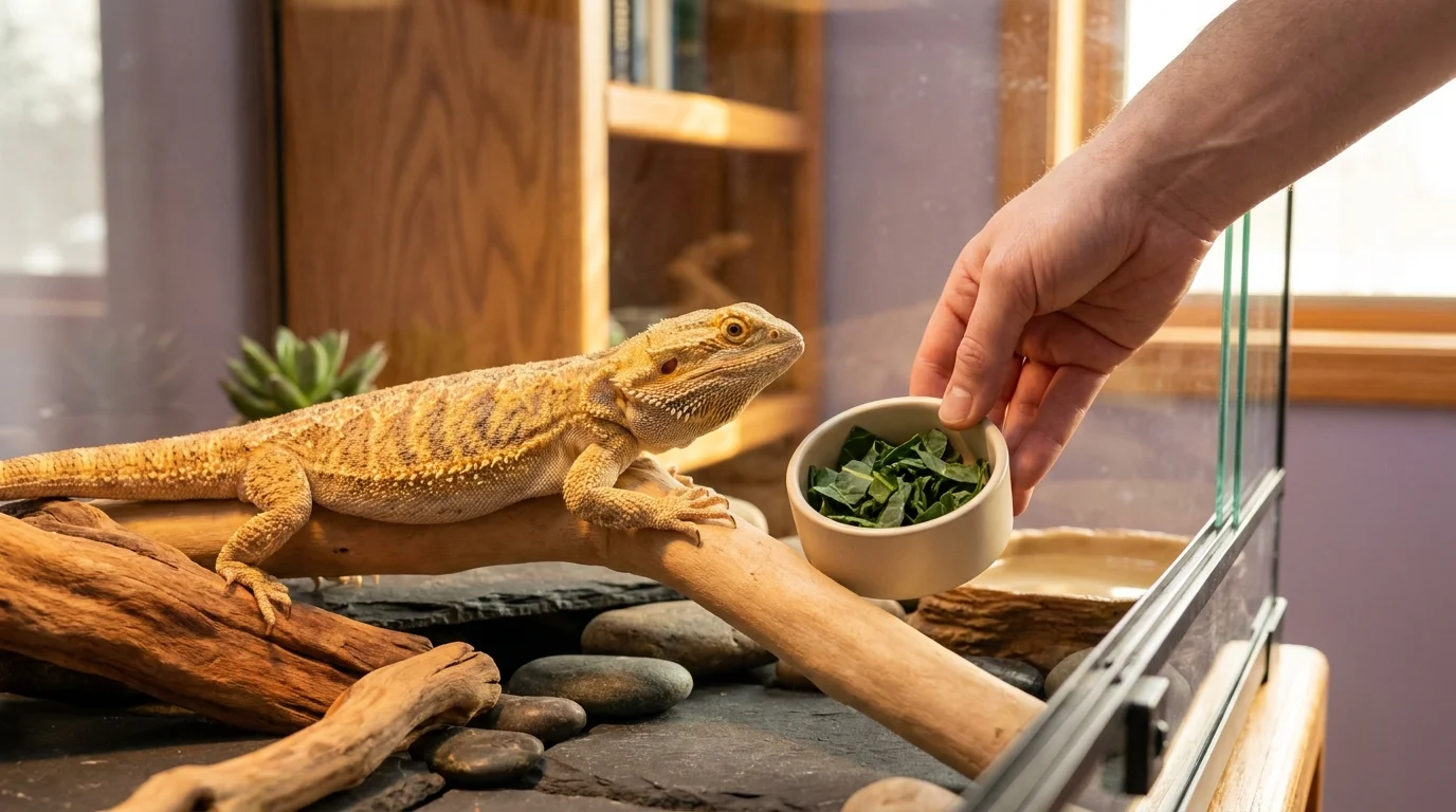 Bearded dragon basking on cork branch in a naturalistic terrarium, owner offering fresh collard greens — exotic pet care