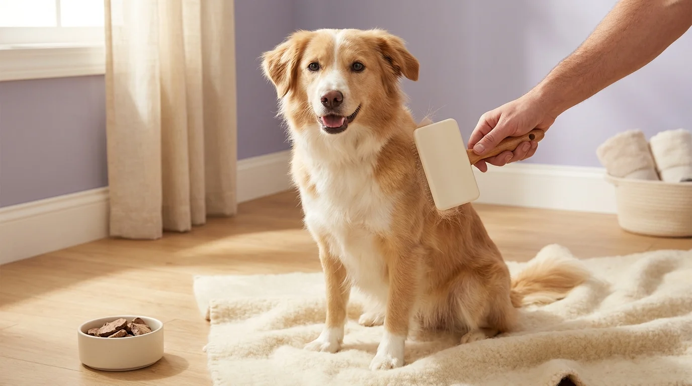 Mixed-breed dog brushed at home with a slicker brush, training treats nearby — Fear Free pet grooming