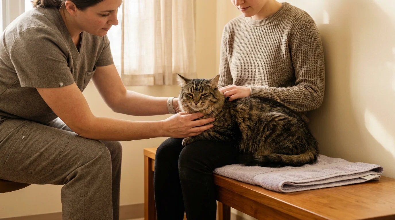 Tabby cat receiving feline veterinary care on the owner's lap in a warm Fear Free clinic exam room