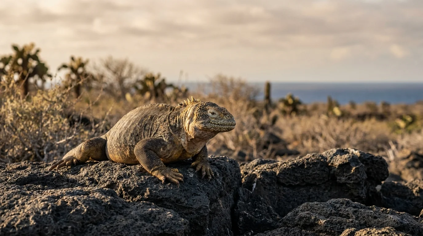 A wild Galápagos land iguana, a species the exotic pet trade targets, rests on volcanic rock in its island habitat