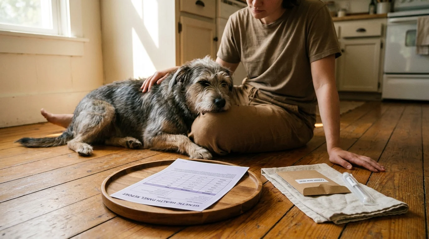 Owner reading a genetic testing for dogs report next to a calm mixed-breed on a warm kitchen floor in soft window light