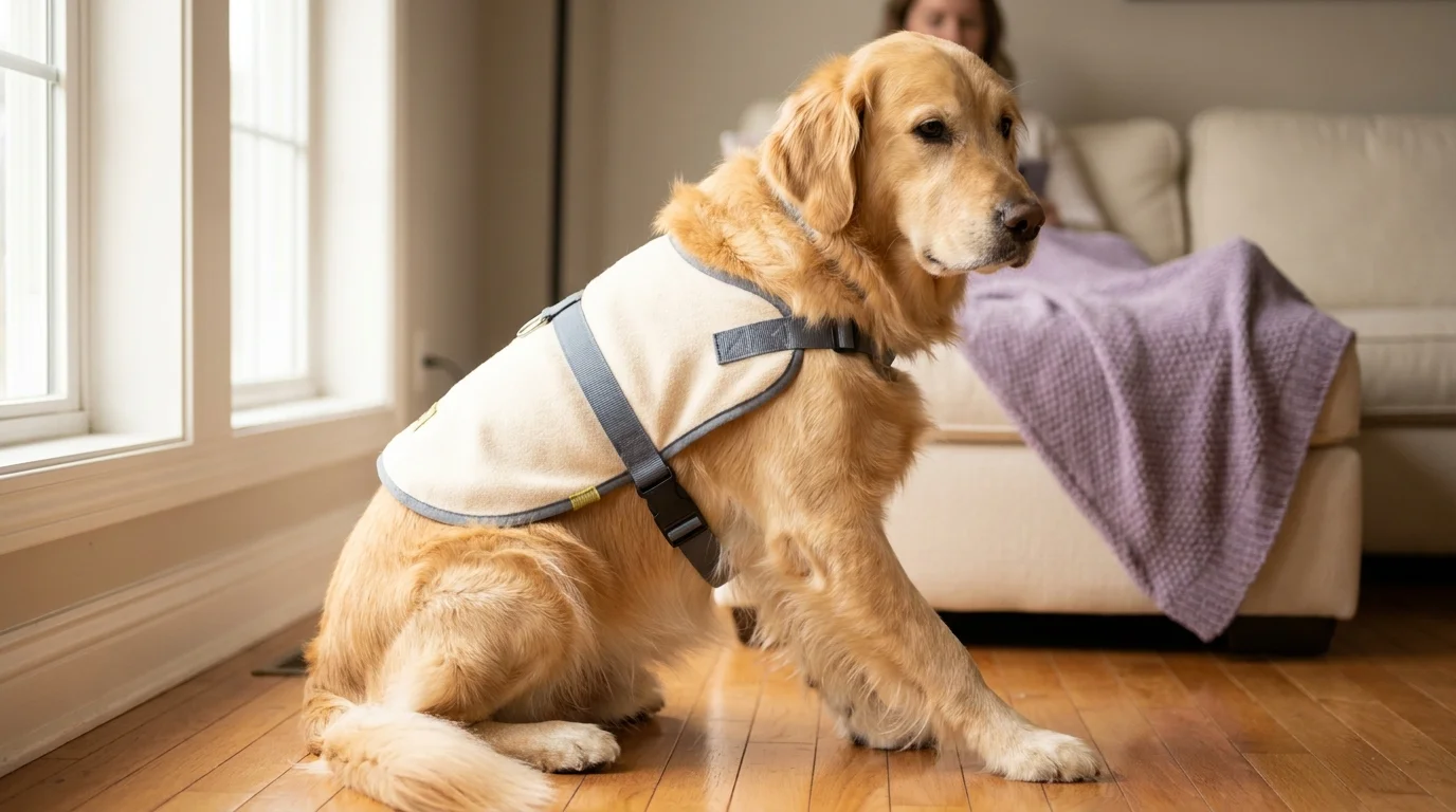 A Golden Retriever in a cream service dog vest sitting in three-quarter profile in a sunlit home interior