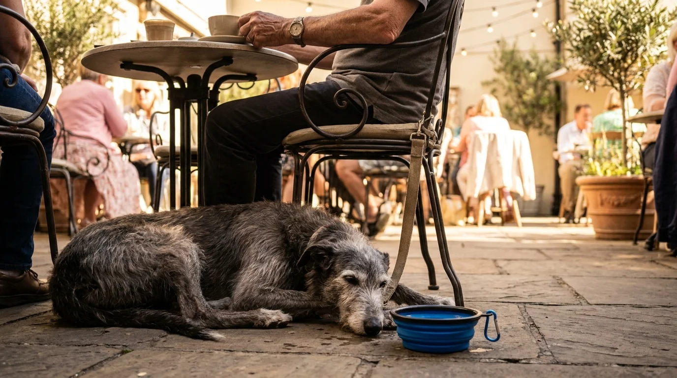 A calm senior greyhound settled under a sunlit café patio table with a water bowl at a dog friendly restaurant
