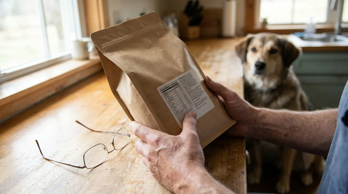 Hands turn a kraft pet-food bag to read its back panel beside reading glasses, decoding pet food labeling