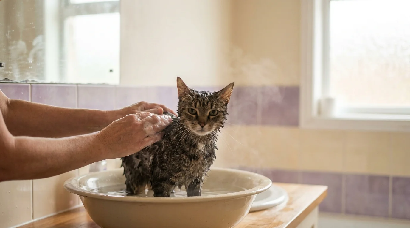 A calm cat standing in a shallow tub as careful hands gently bathe it in a warm bathroom