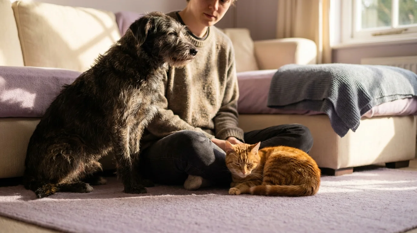 Person on a lavender rug bonding with a mixed-breed dog leaning in and a tabby cat curled close in soft window light