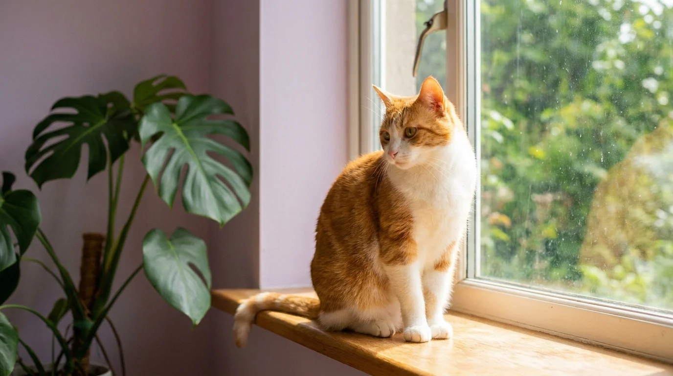 Content indoor cat on a sunlit windowsill watching the garden through the glass