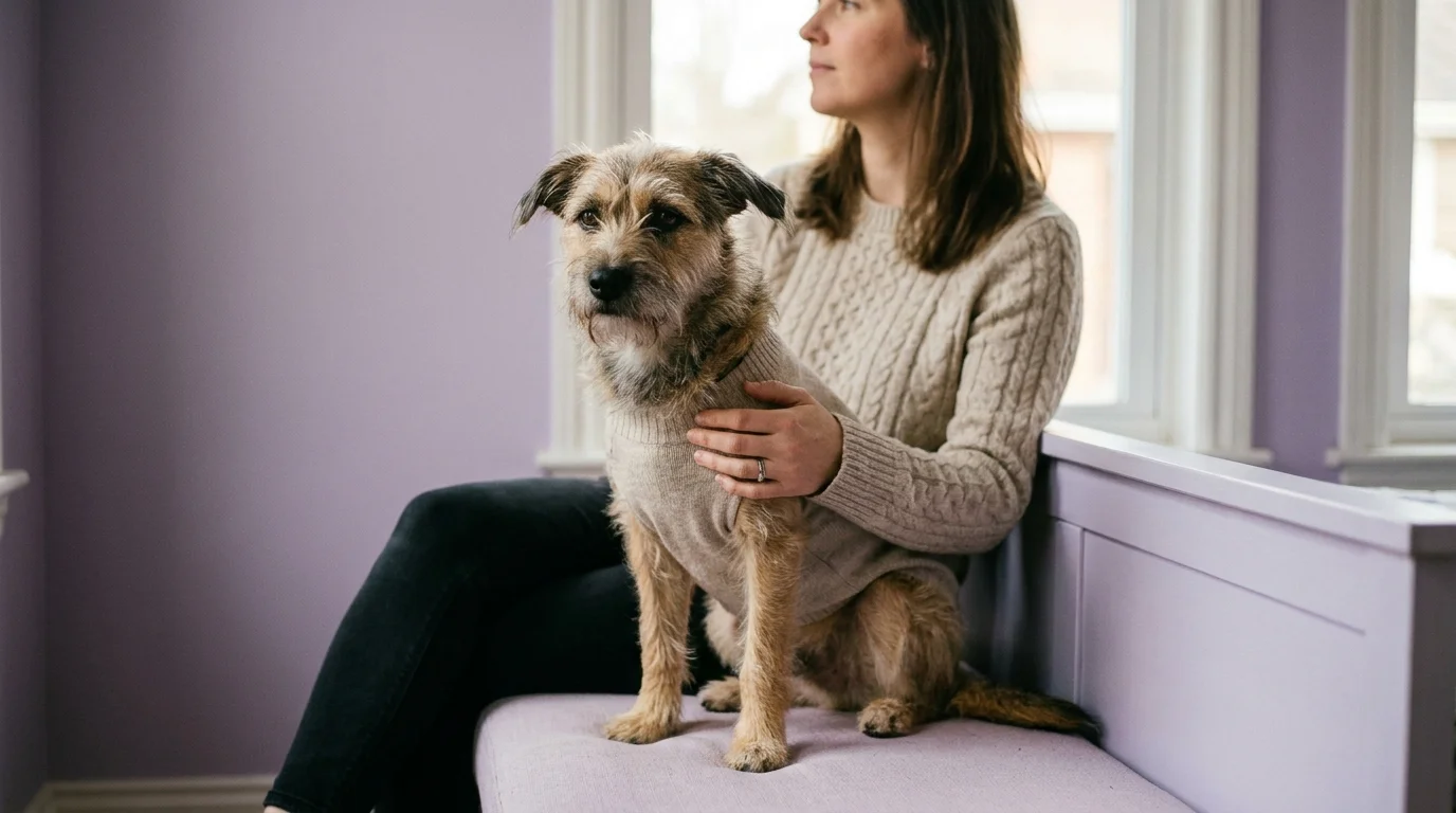 Matching dog and owner outfits in oatmeal knit, worn by a calm mixed-breed dog beside its owner at a soft-lit window