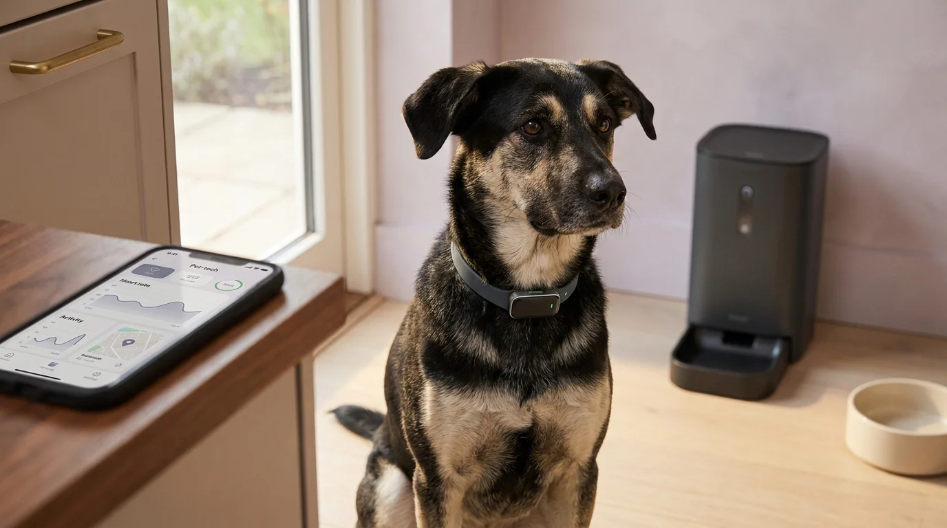 Mixed-breed dog wearing a modern GPS smart collar in a kitchen with a phone showing pet technology app dashboard