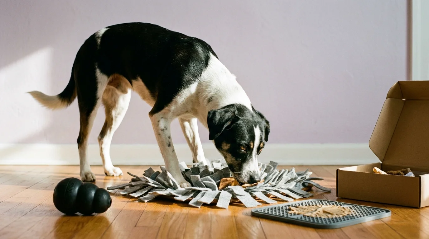 Black-and-white mixed-breed dog nose-deep in a snuffle mat for mental stimulation, with a Kong and lick mat nearby