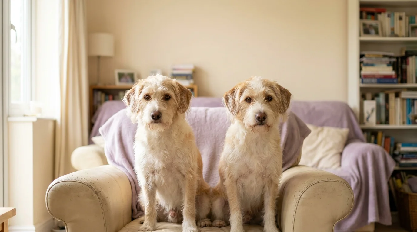 Two genetically identical dogs sitting side by side in warm light, illustrating pet cloning