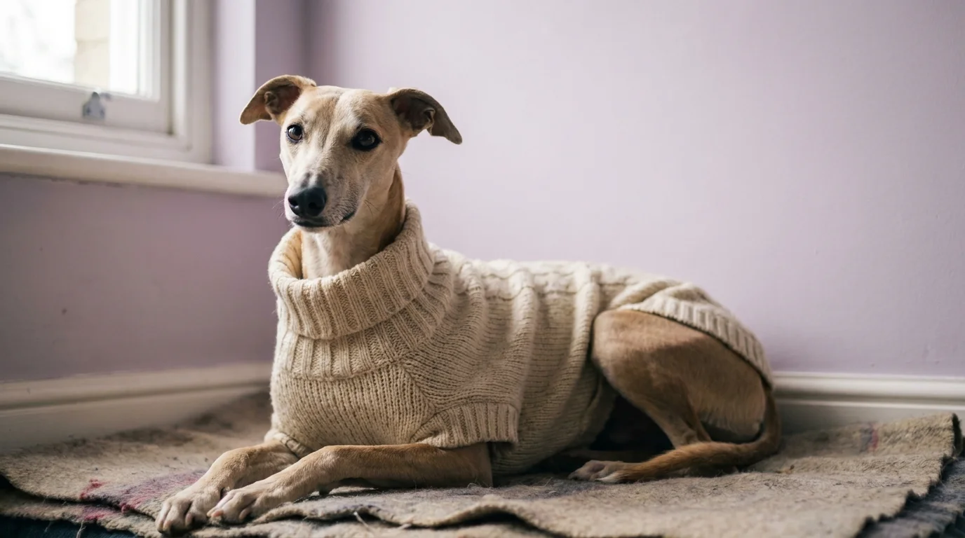 A calm whippet in a well-fitted knit sweater, an honest piece of pet fashion, sits at ease in soft window light
