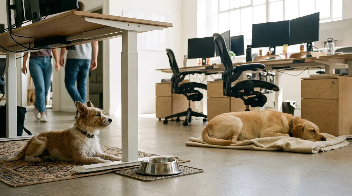 Pet-friendly workplace: terrier mix on a mat under a desk and a Labrador resting in an open-plan office