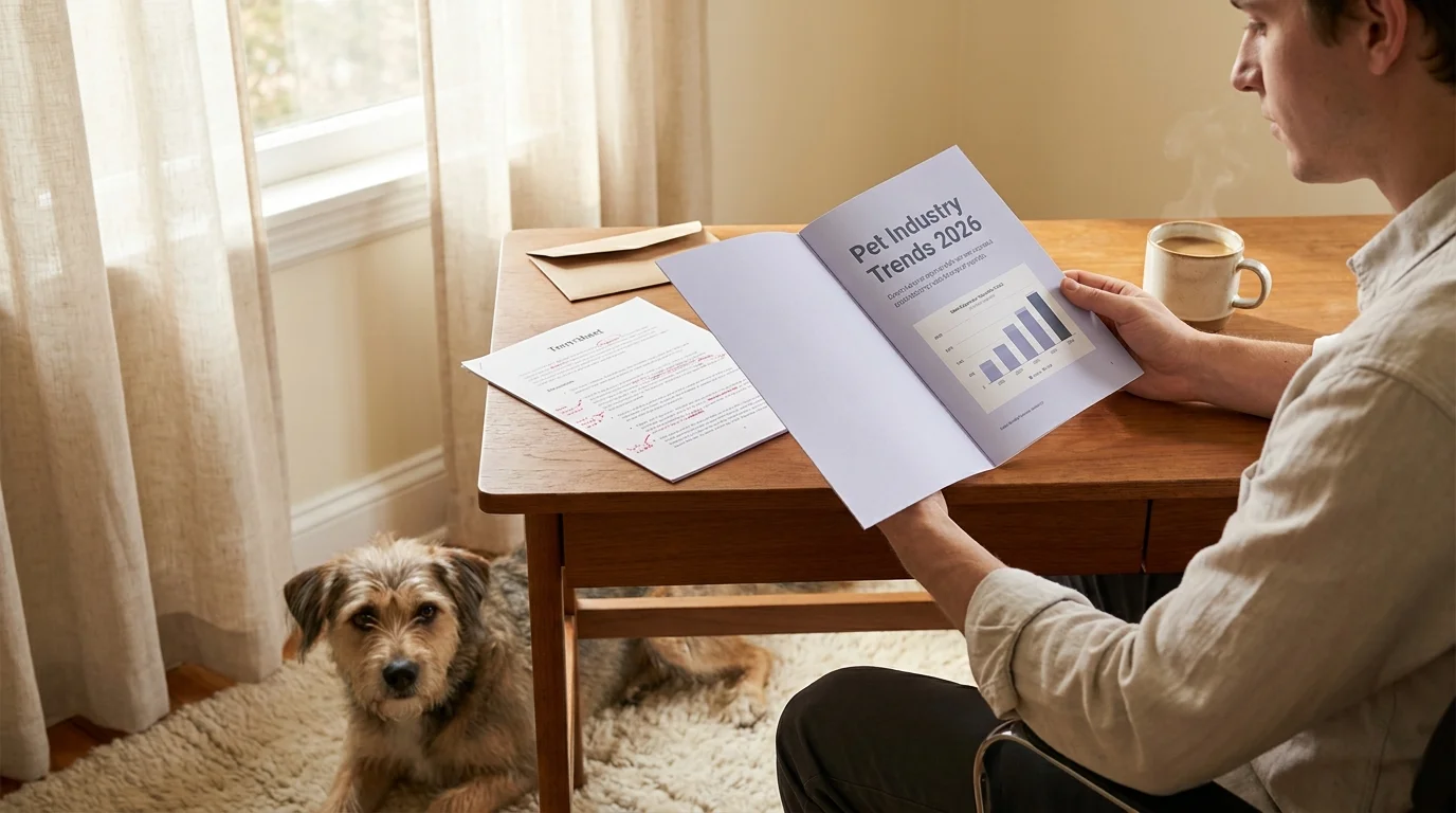Printed pet industry trends market report on a wooden desk with a calm mixed-breed dog resting on a rug nearby