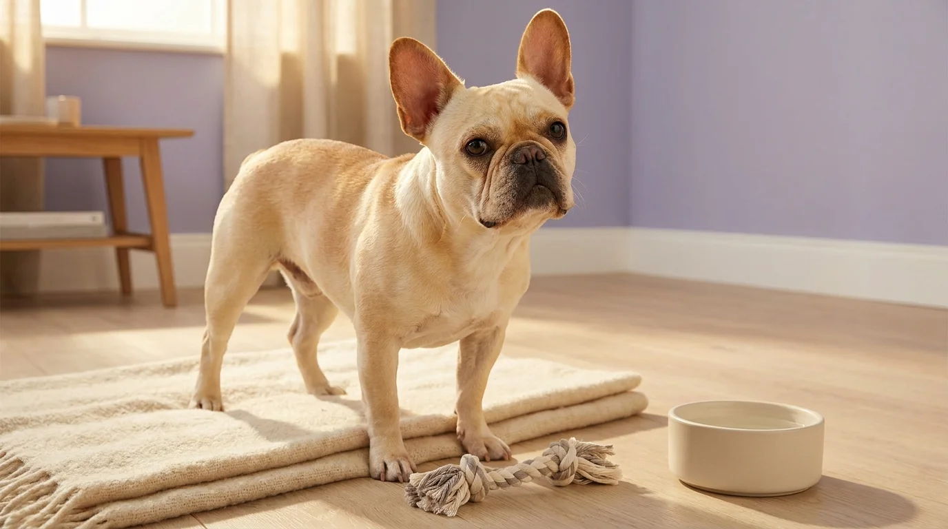 Fawn French Bulldog alert on a cream wool throw with a cotton rope toy — the case for pet insurance