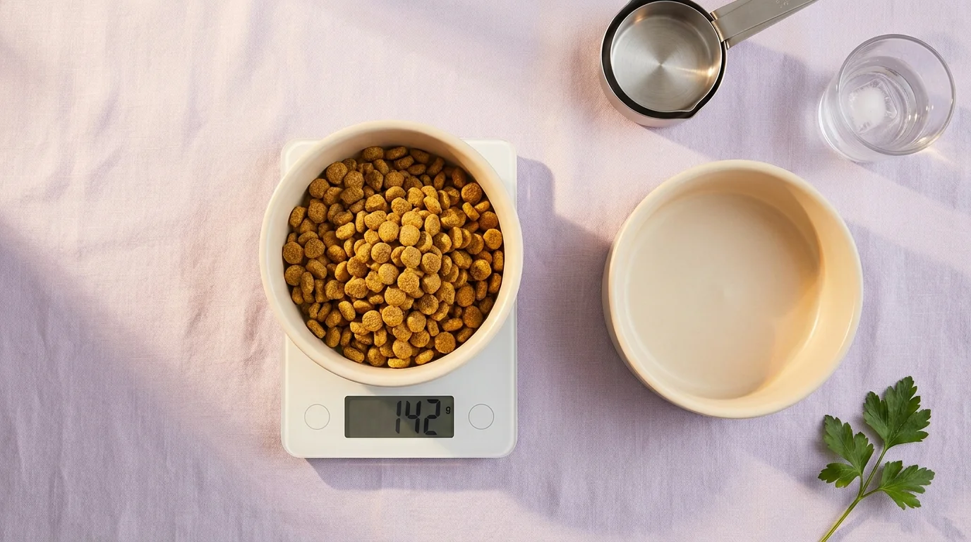Pet nutrition flat lay: kitchen scale weighing kibble in a ceramic bowl, measuring cup, water bowl, and parsley on linen