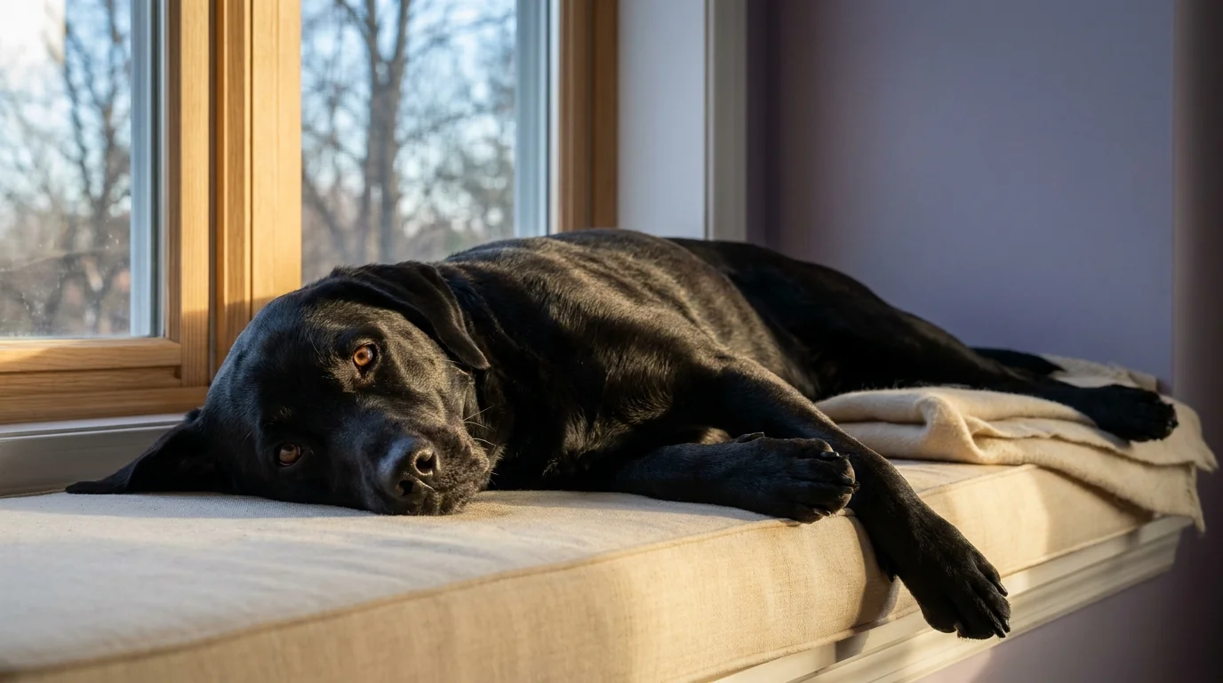 Black Labrador on a window seat in late-afternoon light, one eye tracking the camera with bright catchlight