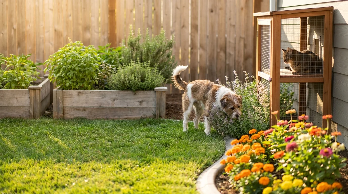 Pet-safe garden with marigolds, herb beds, a grazing mixed-breed dog and a tabby cat watching from a catio enclosure