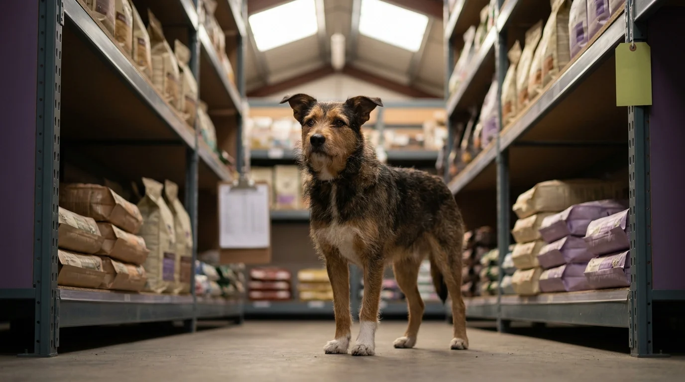 Mixed-breed dog in a soft-lit pet-supply warehouse aisle where pet industry founders built the market