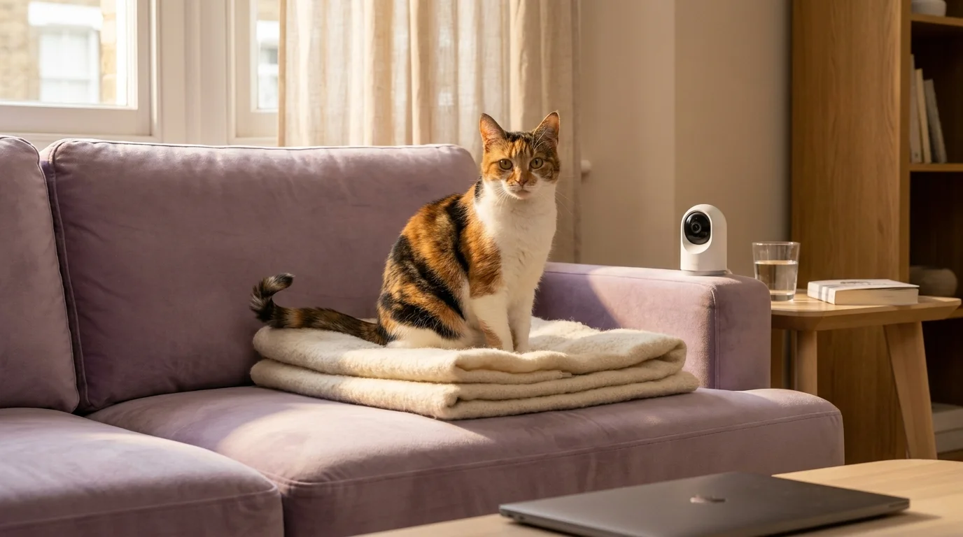 Calico cat on a lavender velvet sofa with a small smart pet camera on the side table — pet tech in service of the cat