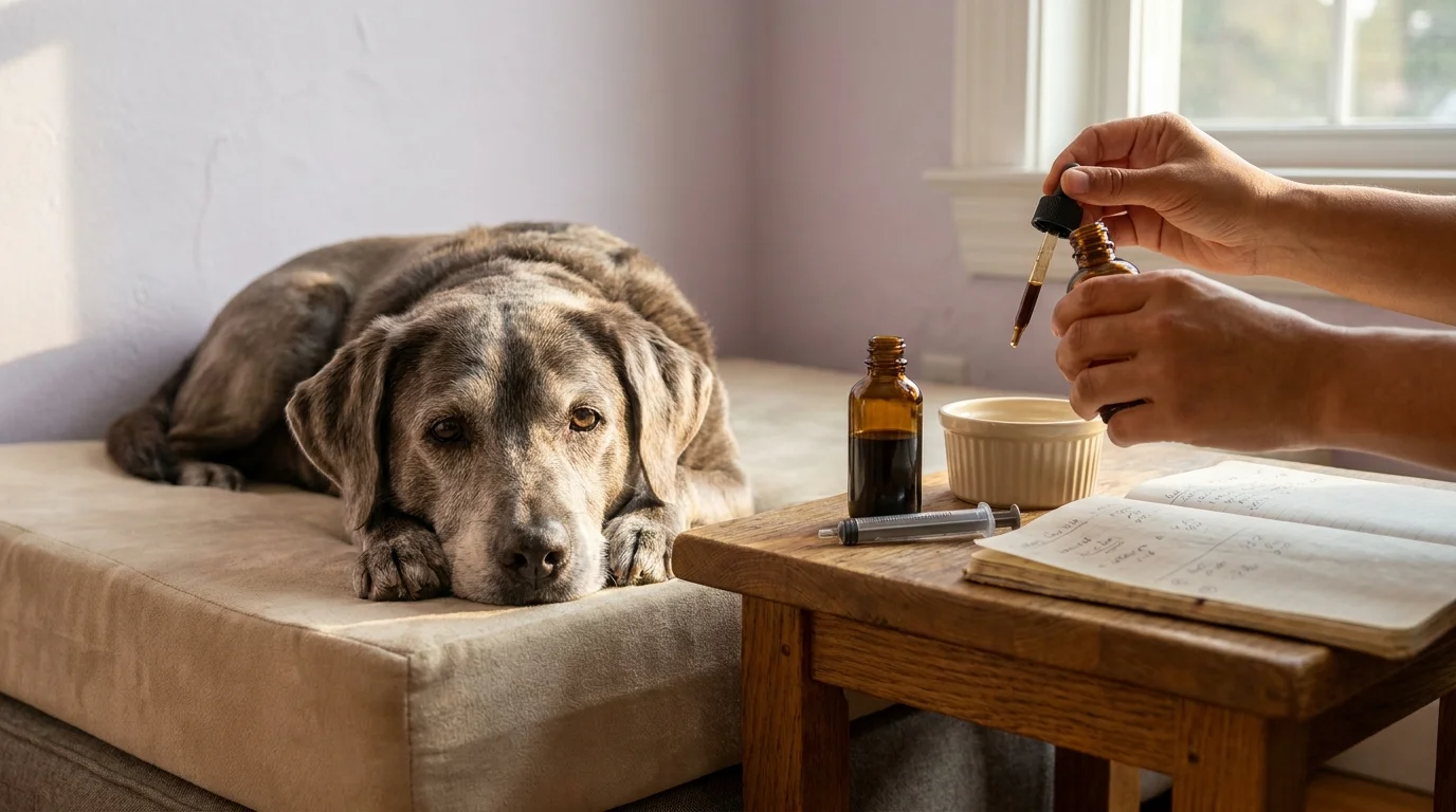 Senior Labrador mix on an orthopedic bed beside an amber dropper bottle and dosing notebook for CBD for pets