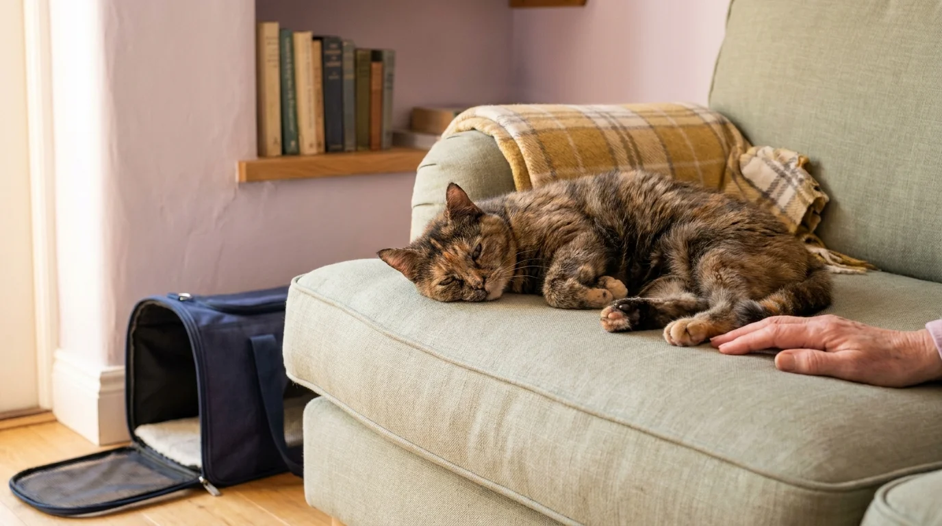 Senior tortoiseshell cat settled on a sage sofa with adopter's hands resting at her paws after pet adoption