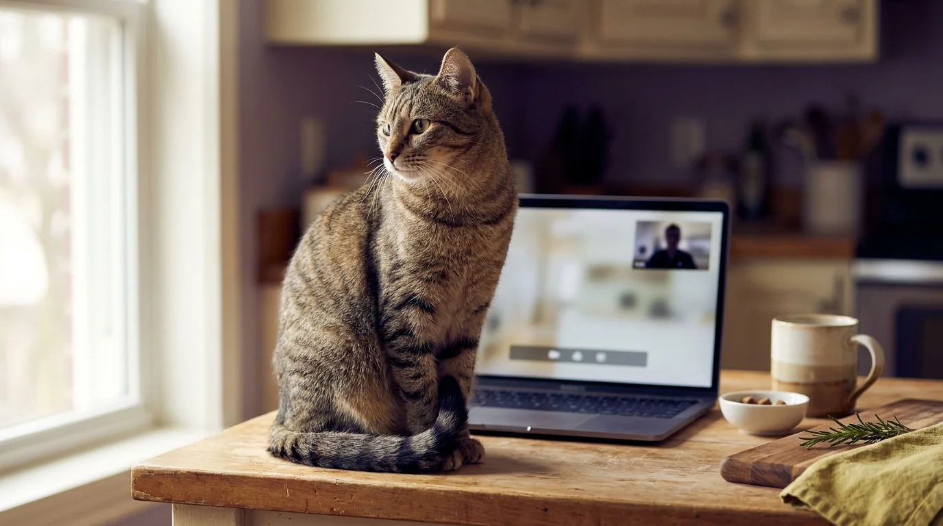 Tabby cat on a kitchen counter in front of an open laptop showing a vet telemedicine video-call interface