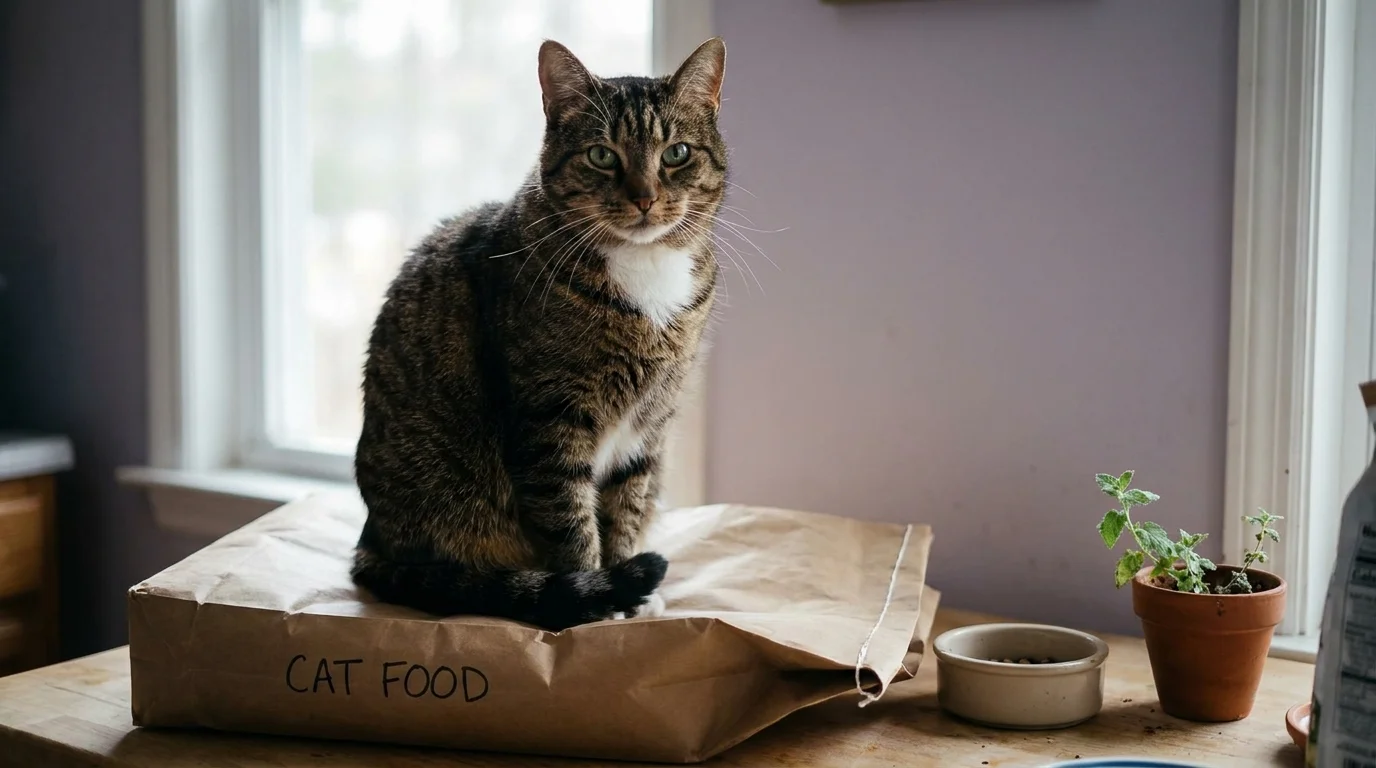 Green-eyed brown tabby cat sitting regally on an unbranded premium cat food bag on a sunlit kitchen counter