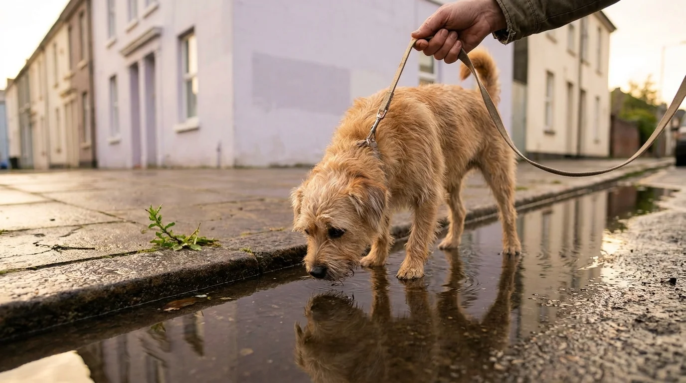 A small leashed terrier sniffing a roadside rain puddle, the kind of standing water that spreads leptospirosis in dogs