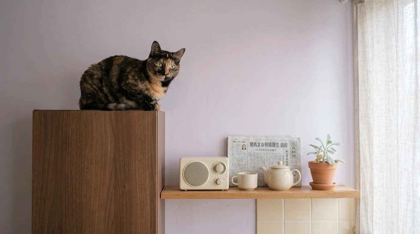 Tortoiseshell cat on top of a Tokyo kitchen cupboard above a small radio, the scene that opens pet companionship at 78