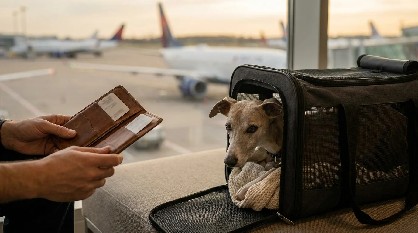 Calm whippet in a soft-sided carrier on a bench at an airport gate, hands holding a folder of pet travel documents nearby