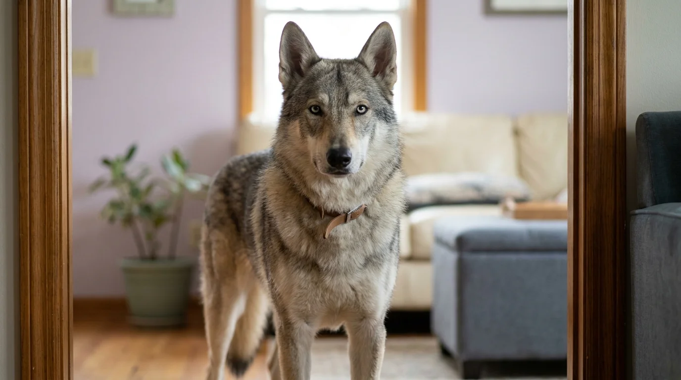 A watchful grey-and-tan wolfdog in a plain collar standing in a home doorway, a living example of animal hybridization