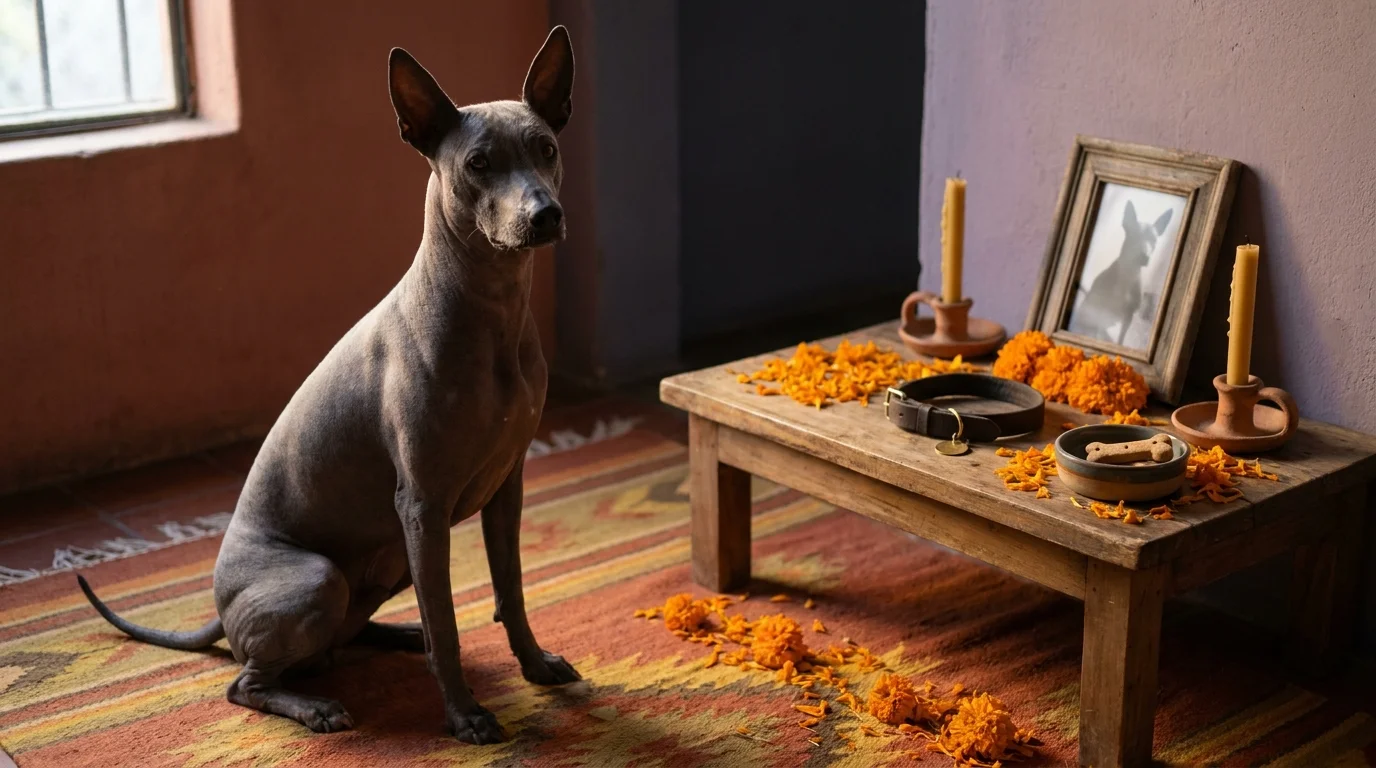 Xoloitzcuintle dog beside a Mexican pet ofrenda with cempasúchil marigolds and candles in warm golden afternoon light