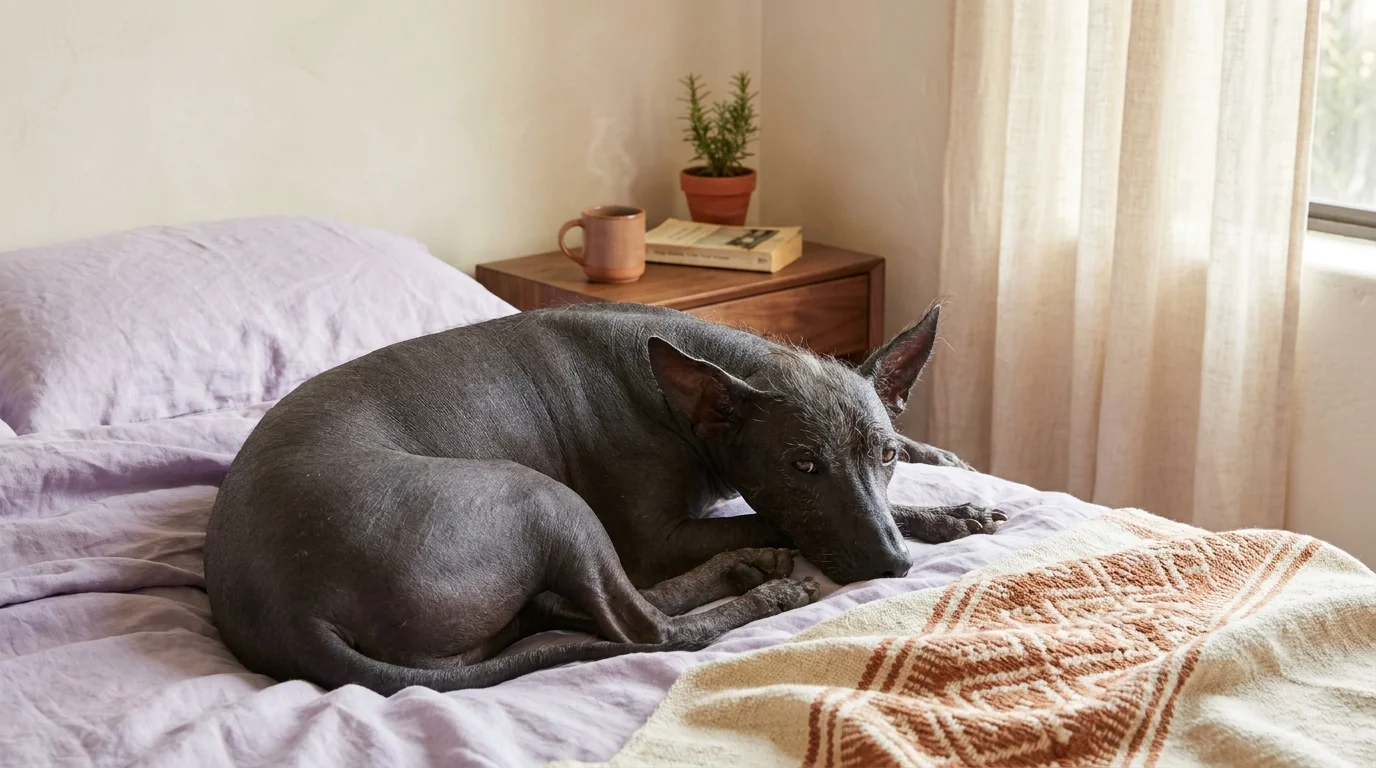 Smooth-coated Xoloitzcuintli curled at the foot of a Mexico City bed under soft morning window light