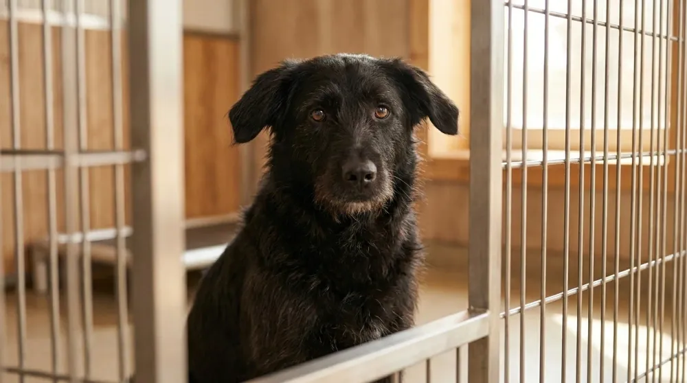 Calm black mixed-breed shelter dog sitting behind a clean kennel gate, looking at the camera with soft eyes