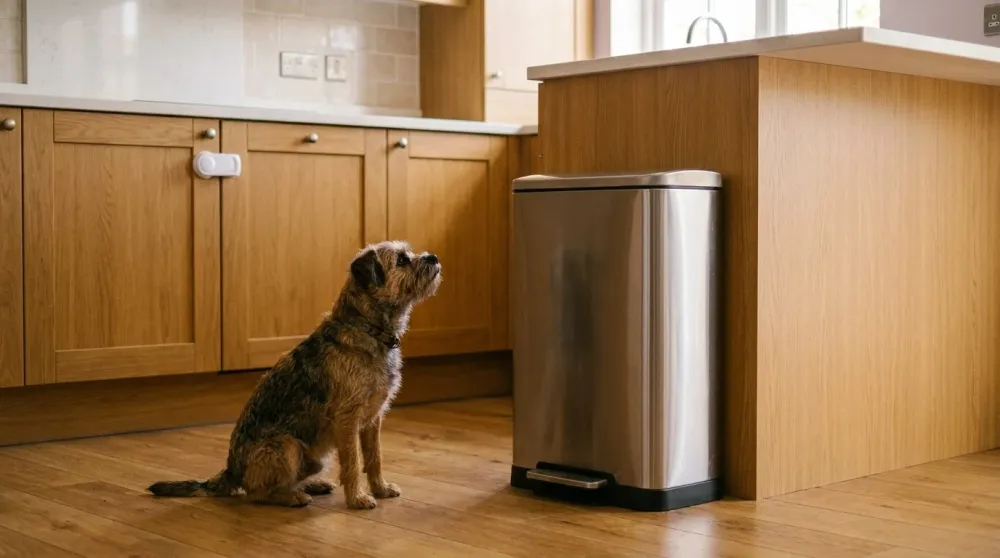 Tidy kitchen with magnetic latch on a low cabinet, stainless step-lid trash can, and a small terrier on the wood floor
