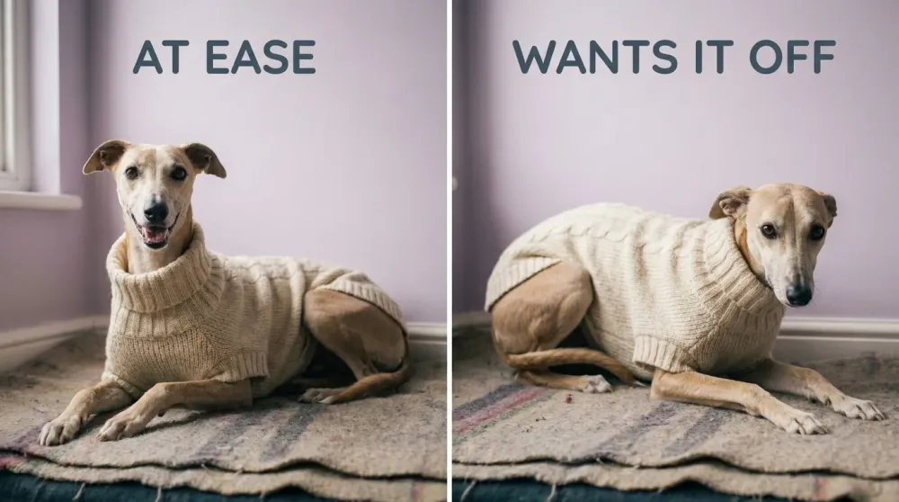 Two dogs in sweaters compared: one relaxed with an open mouth, one tense with pinned ears and a tucked tail